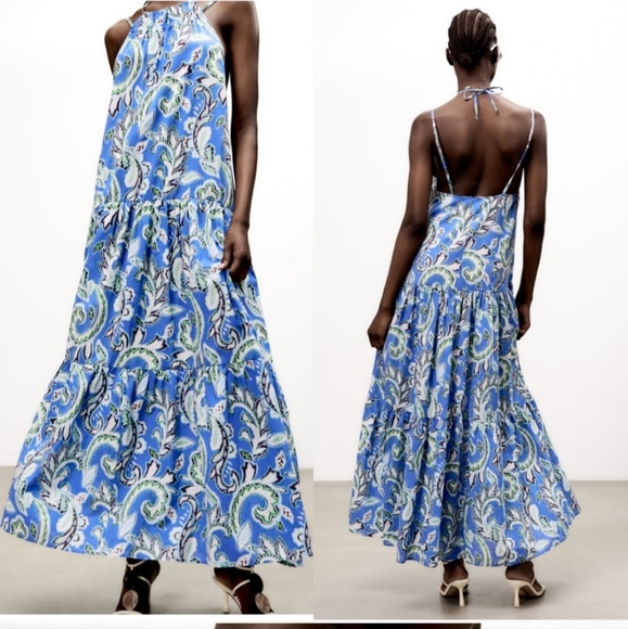 Zara Tiered Floral Print Blue White Cotton Dress Bloggers Favorite - Picture 14 of 16